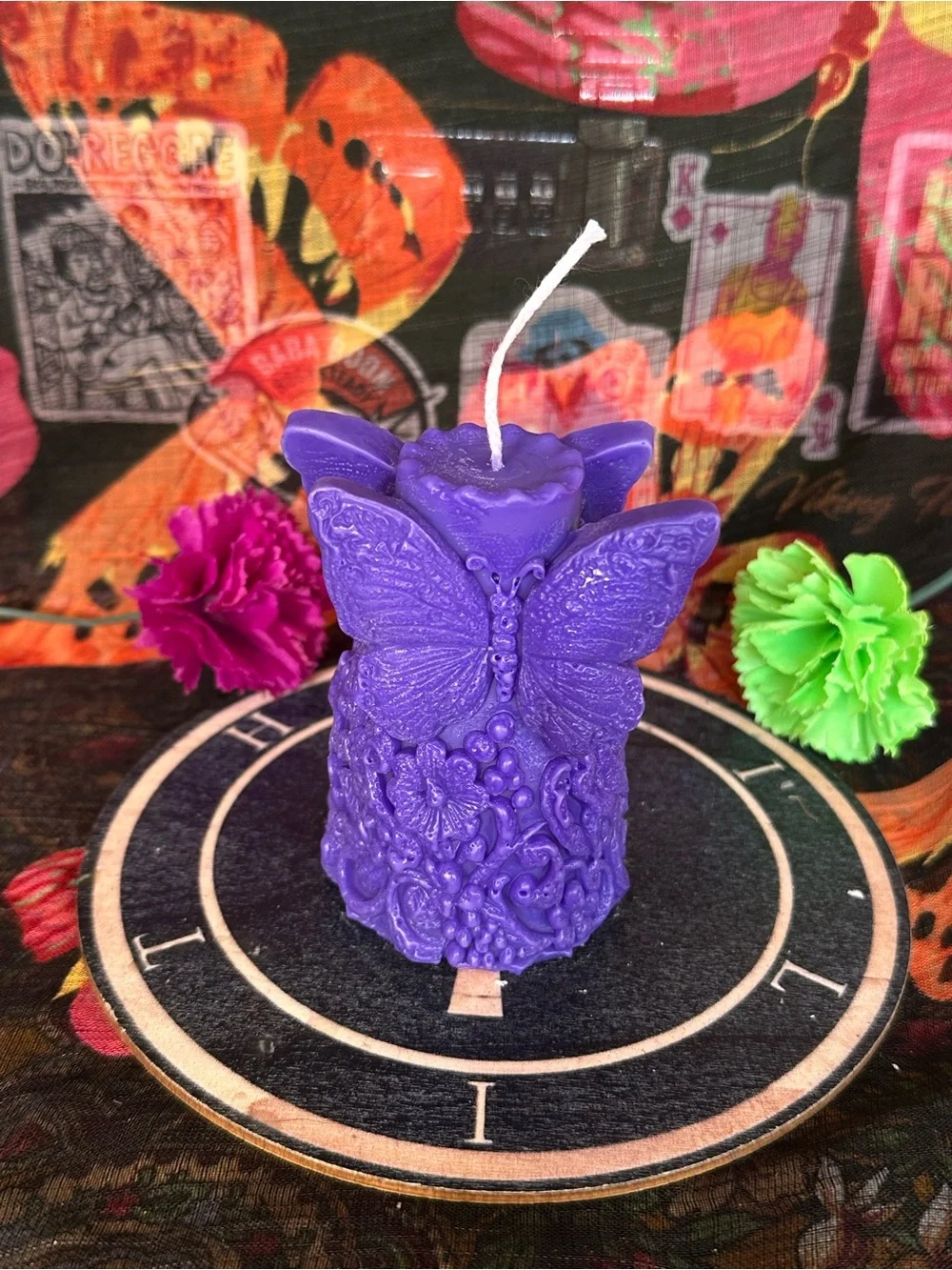 Handmade Purple Butterfly & Floral Pillar Candle